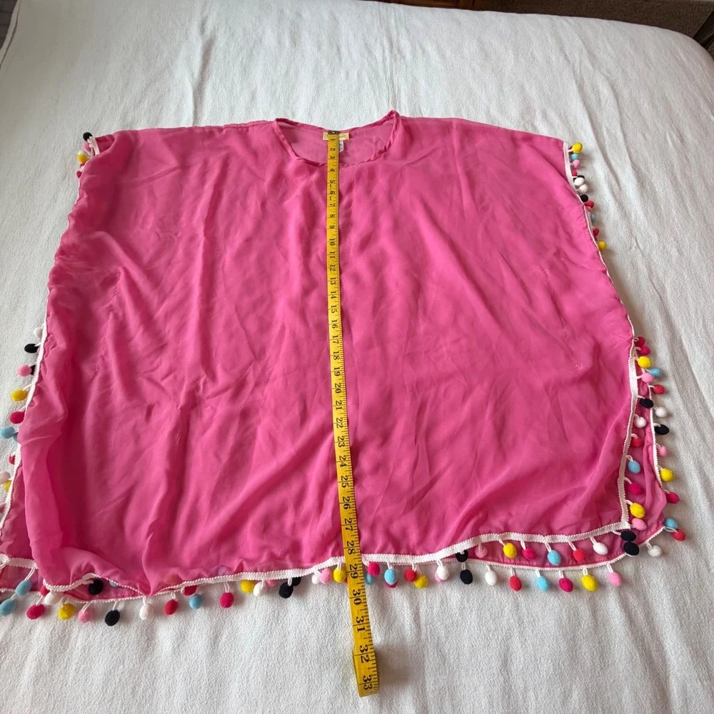 Viv & Lou Pink Chiffon Pom Pom‎ Trim Swim Cover Up Poncho One Size